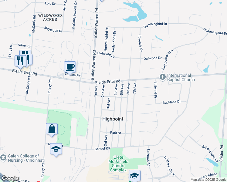 map of restaurants, bars, coffee shops, grocery stores, and more near 12140 4th Avenue in Cincinnati