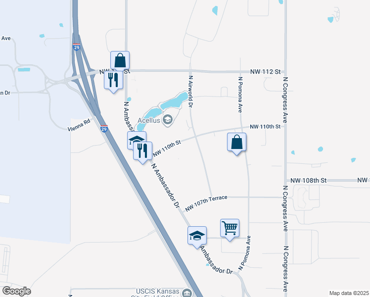 map of restaurants, bars, coffee shops, grocery stores, and more near 8501 Northwest 110th Street in Kansas City