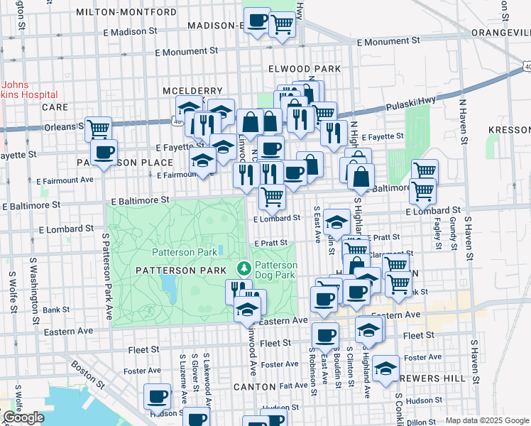 map of restaurants, bars, coffee shops, grocery stores, and more near 28 South Potomac Street in Baltimore