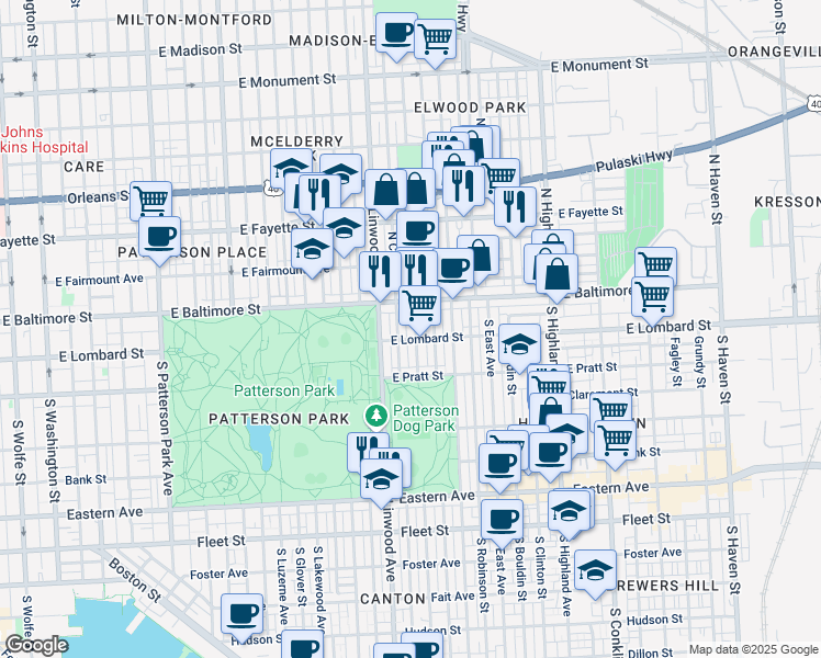map of restaurants, bars, coffee shops, grocery stores, and more near 28 South Potomac Street in Baltimore