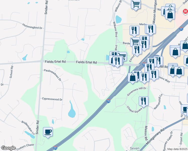 map of restaurants, bars, coffee shops, grocery stores, and more near 12130 Crestfield Court in Cincinnati