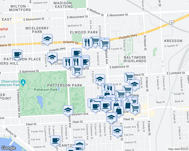 map of restaurants, bars, coffee shops, grocery stores, and more near 37 SE Ave in Baltimore