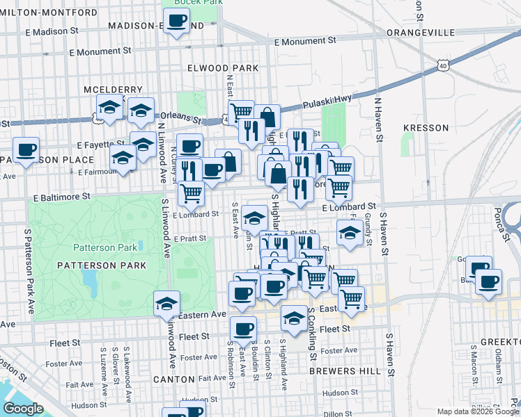 map of restaurants, bars, coffee shops, grocery stores, and more near 3278 Leverton Avenue in Baltimore