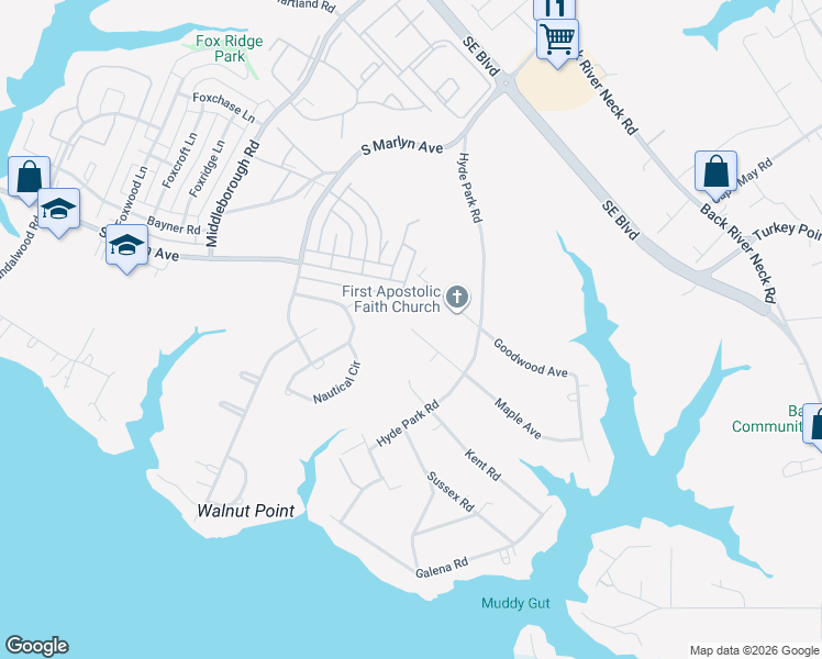 map of restaurants, bars, coffee shops, grocery stores, and more near Maple Avenue in Essex