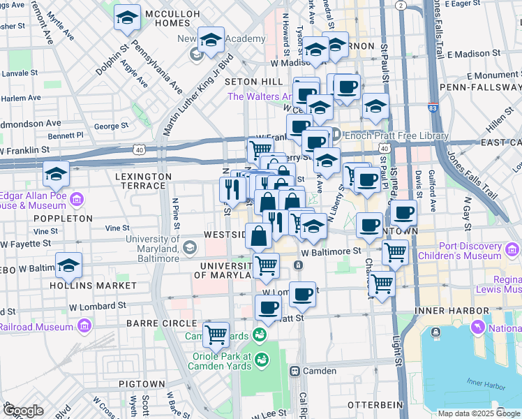 map of restaurants, bars, coffee shops, grocery stores, and more near 130 North Eutaw Street in Baltimore