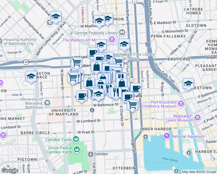 map of restaurants, bars, coffee shops, grocery stores, and more near 39 West Lexington Street in Baltimore