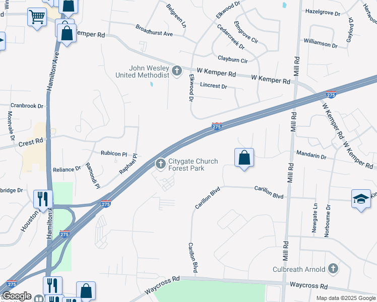map of restaurants, bars, coffee shops, grocery stores, and more near 1700 Carillon Boulevard in Cincinnati