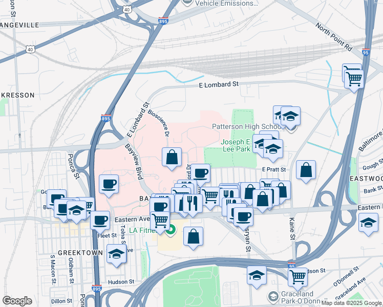map of restaurants, bars, coffee shops, grocery stores, and more near 301 Mason Lord Drive in Baltimore