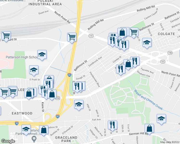 map of restaurants, bars, coffee shops, grocery stores, and more near Gough St & Pembrooke Blvd in Dundalk