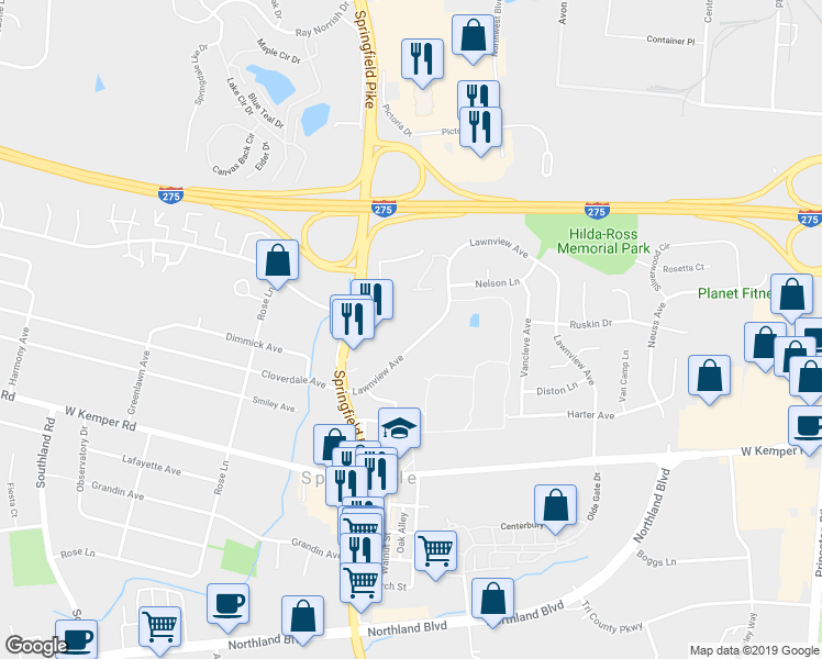 map of restaurants, bars, coffee shops, grocery stores, and more near 2850 Campus Way in Cincinnati