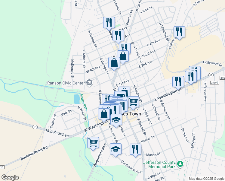 map of restaurants, bars, coffee shops, grocery stores, and more near 330 North George Street in Charles Town