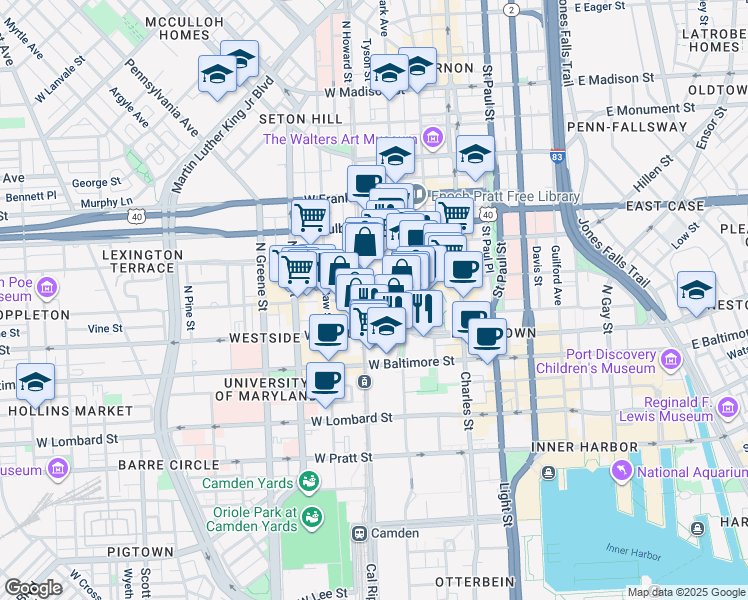 map of restaurants, bars, coffee shops, grocery stores, and more near 222 West Lexington Street in Baltimore