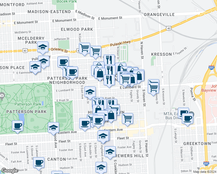 map of restaurants, bars, coffee shops, grocery stores, and more near 3508 East Lombard Street in Baltimore