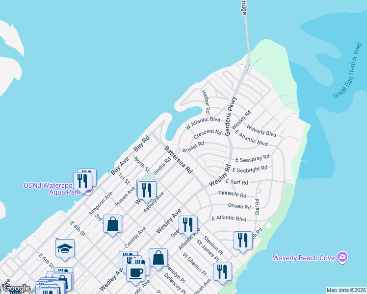 map of restaurants, bars, coffee shops, grocery stores, and more near 300 West Surf Road in Ocean City