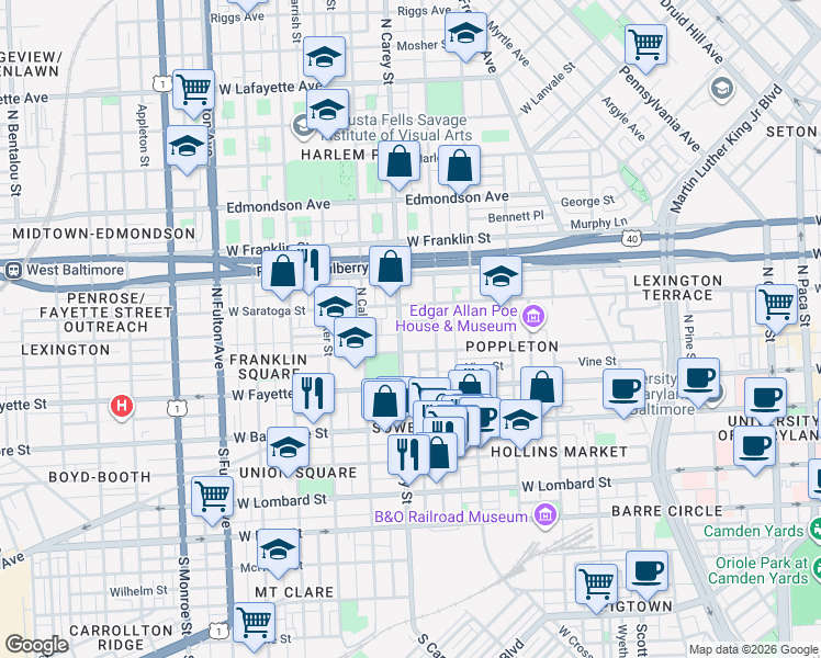 map of restaurants, bars, coffee shops, grocery stores, and more near 217 North Carey Street in Baltimore