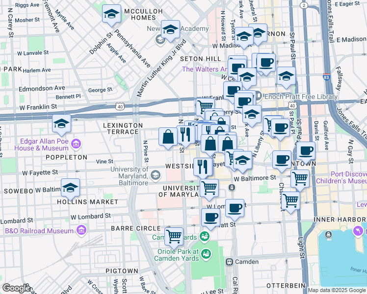 map of restaurants, bars, coffee shops, grocery stores, and more near 112 North Eutaw Street in Baltimore