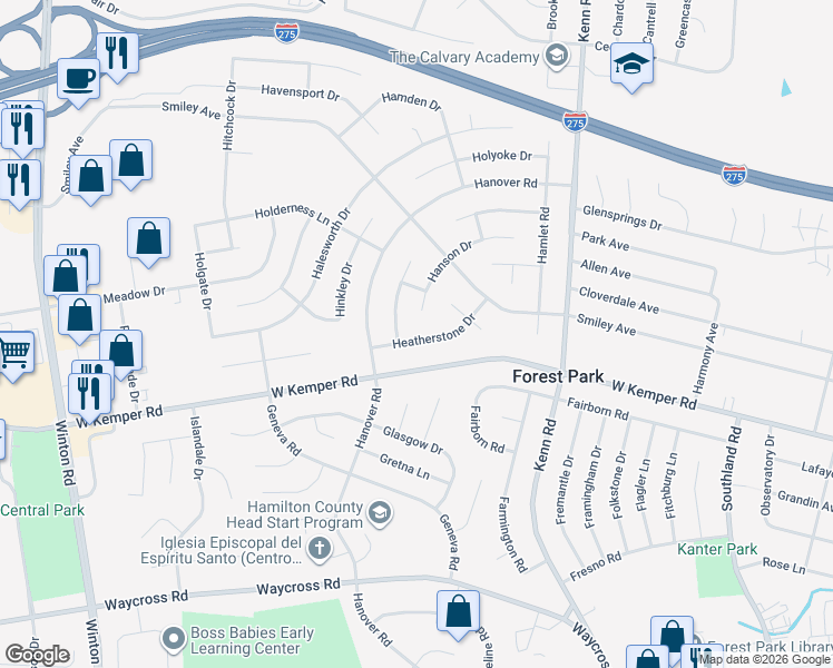 map of restaurants, bars, coffee shops, grocery stores, and more near 866 Heatherstone Drive in Cincinnati