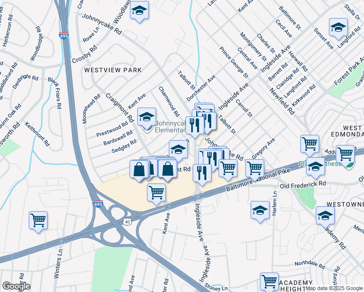 map of restaurants, bars, coffee shops, grocery stores, and more near 1067 Craftswood Road in Catonsville