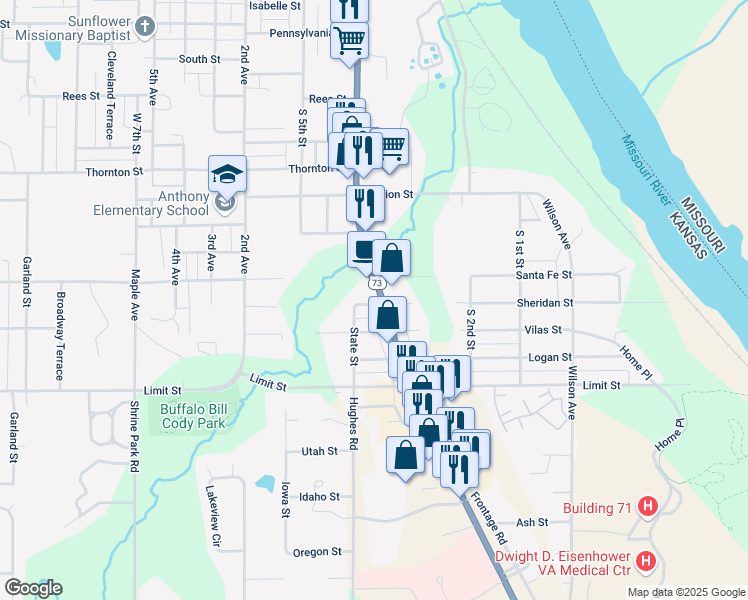 map of restaurants, bars, coffee shops, grocery stores, and more near 2608 South 4th Street in Leavenworth