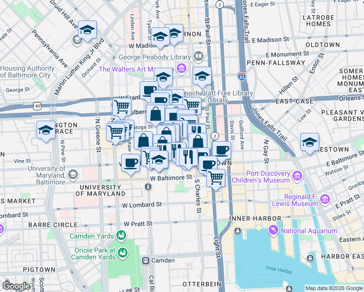 map of restaurants, bars, coffee shops, grocery stores, and more near 222 North Charles Street in Baltimore