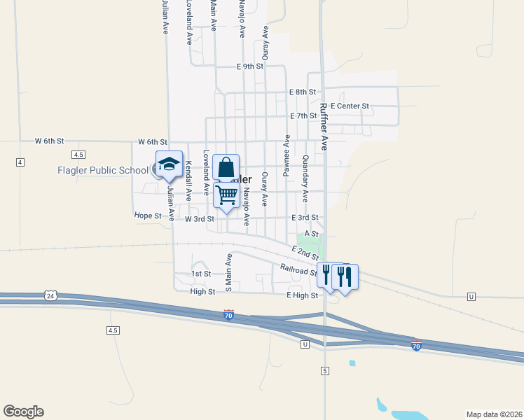 map of restaurants, bars, coffee shops, grocery stores, and more near 224 South Ouray Avenue in Flagler