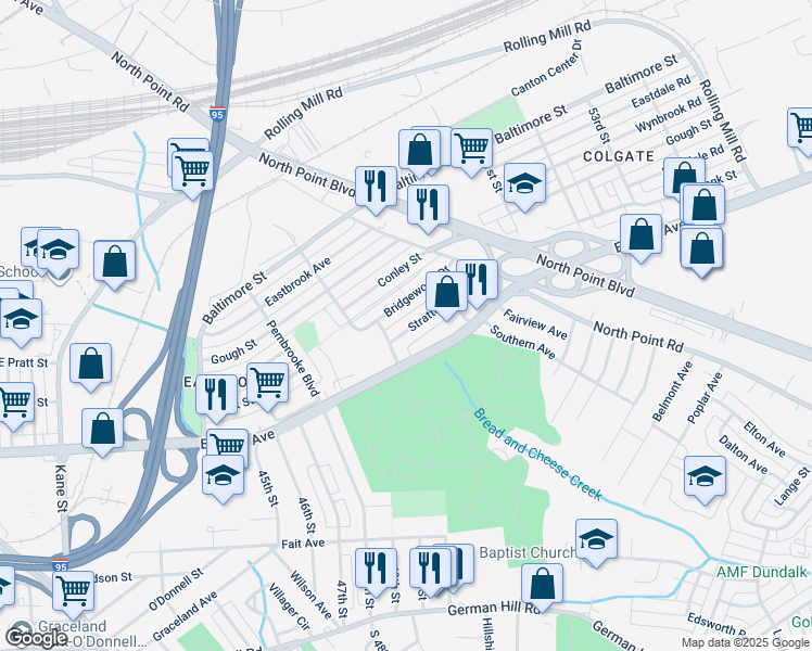 map of restaurants, bars, coffee shops, grocery stores, and more near 7218 Stratton Way in Baltimore