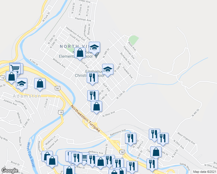 map of restaurants, bars, coffee shops, grocery stores, and more near 1239 North 15th Street in Clarksburg