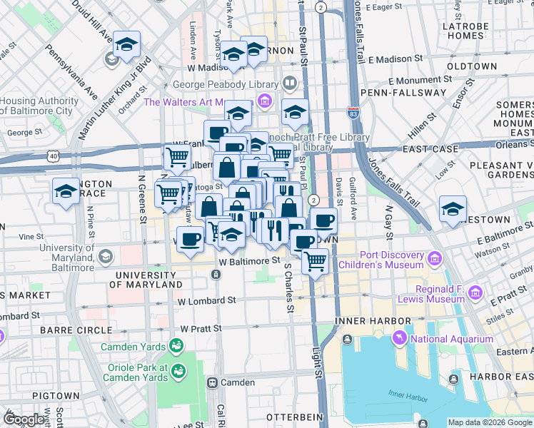 map of restaurants, bars, coffee shops, grocery stores, and more near 218 North Charles Street in Baltimore