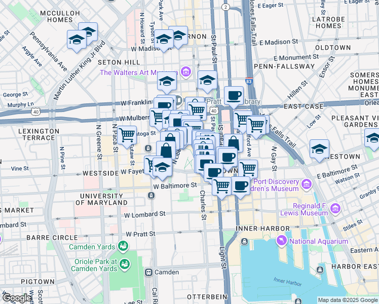 map of restaurants, bars, coffee shops, grocery stores, and more near 218 North Charles Street in Baltimore