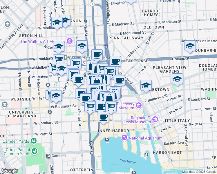 map of restaurants, bars, coffee shops, grocery stores, and more near 200 North Holliday Street in Baltimore