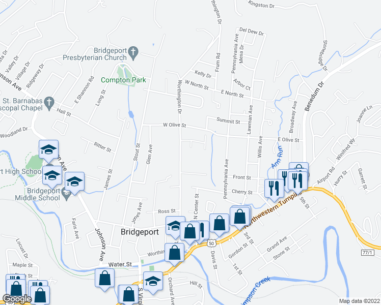 map of restaurants, bars, coffee shops, grocery stores, and more near 566 Worthington Drive in Bridgeport