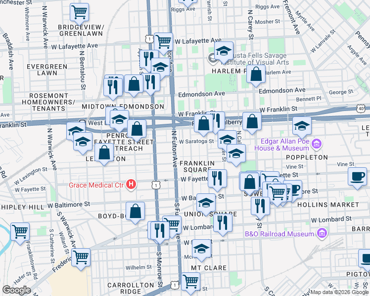 map of restaurants, bars, coffee shops, grocery stores, and more near 245 North Bruce Street in Baltimore