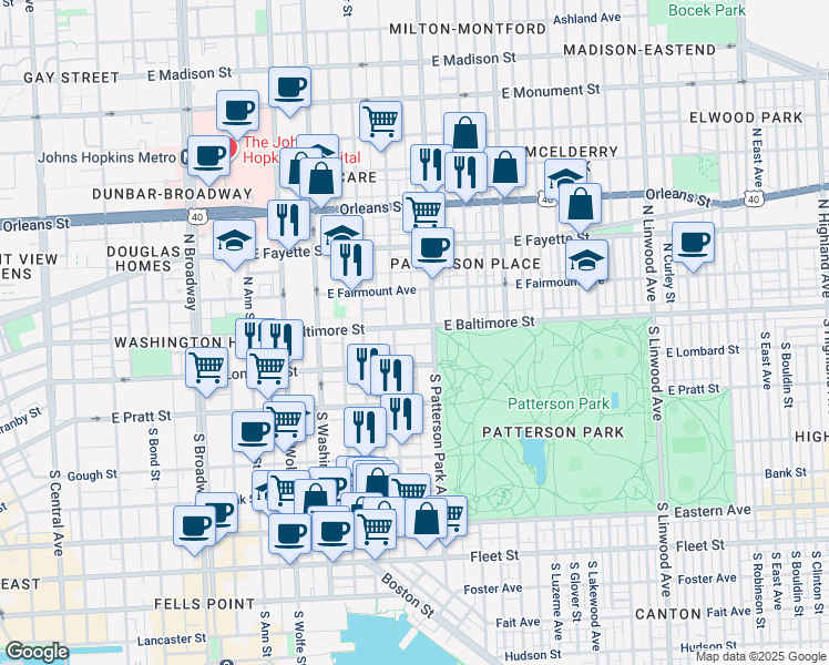 map of restaurants, bars, coffee shops, grocery stores, and more near 2221 East Baltimore Street in Baltimore