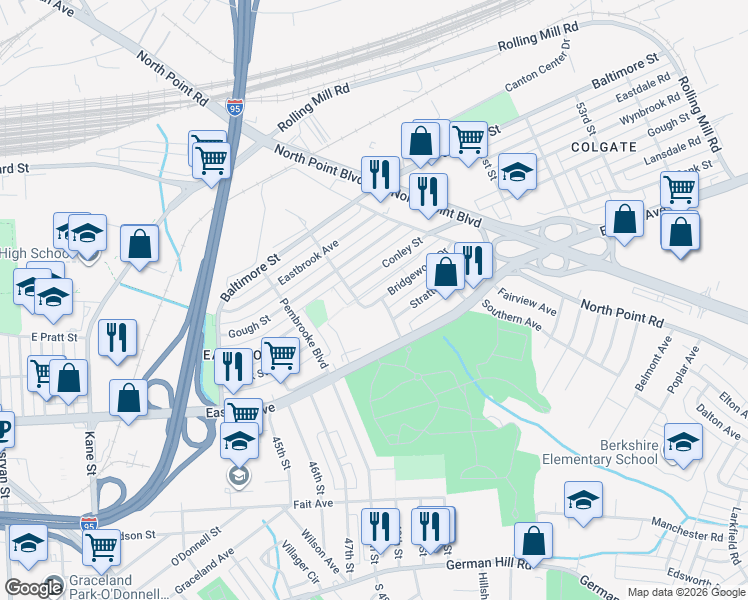 map of restaurants, bars, coffee shops, grocery stores, and more near 7242 Bridgewood Drive in Baltimore