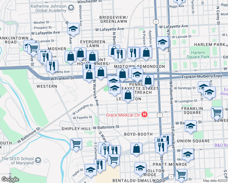 map of restaurants, bars, coffee shops, grocery stores, and more near 220 North Bentalou Street in Baltimore