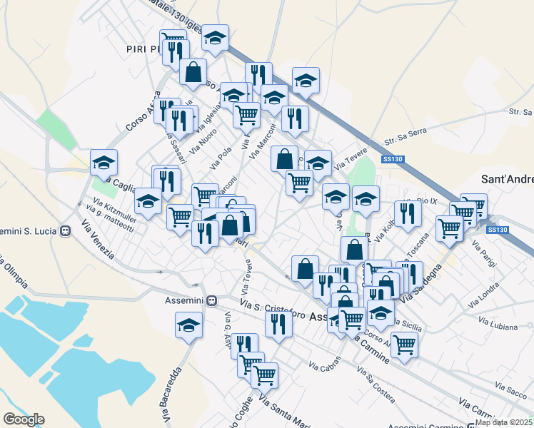map of restaurants, bars, coffee shops, grocery stores, and more near 27/A Via Mandrolisai in Assemini