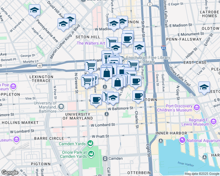 map of restaurants, bars, coffee shops, grocery stores, and more near 222 West Lexington Street in Baltimore