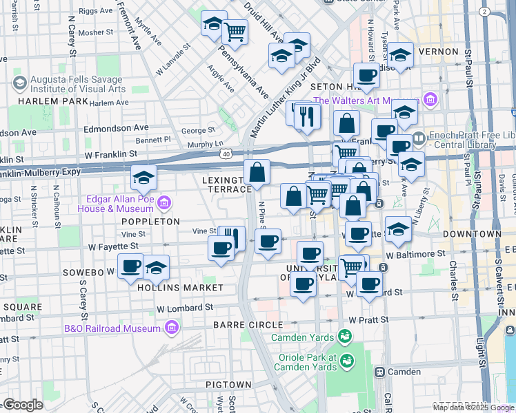 map of restaurants, bars, coffee shops, grocery stores, and more near 214 North Pine Street in Baltimore