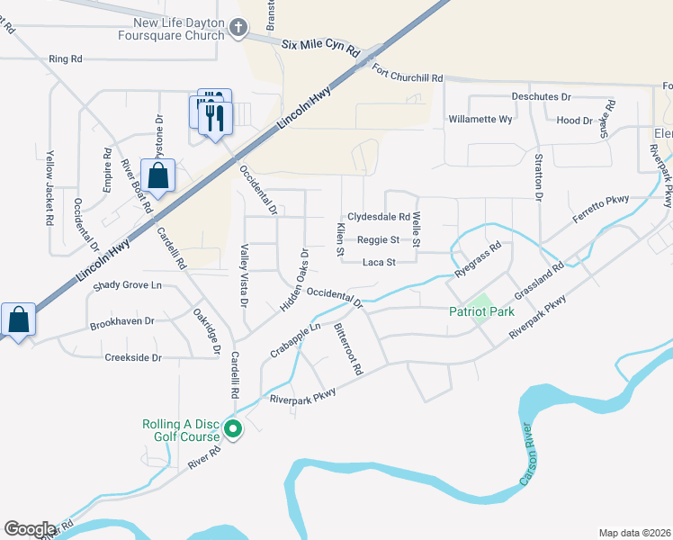 map of restaurants, bars, coffee shops, grocery stores, and more near 845 Klien Street in Dayton