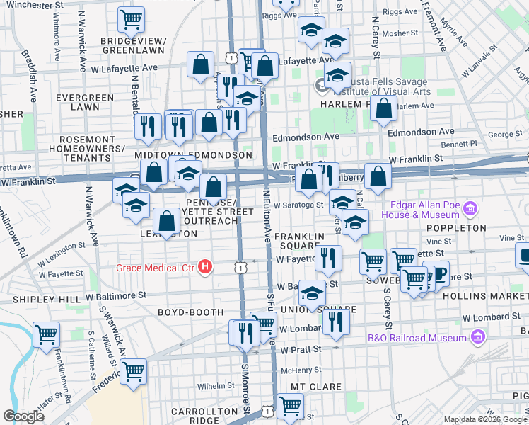 map of restaurants, bars, coffee shops, grocery stores, and more near 244 North Fulton Avenue in Baltimore