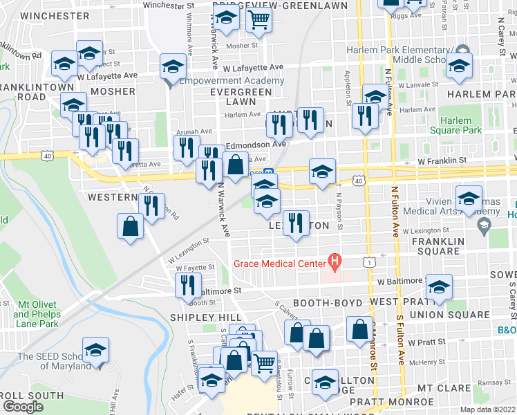 map of restaurants, bars, coffee shops, grocery stores, and more near 220 North Bentalou Street in Baltimore