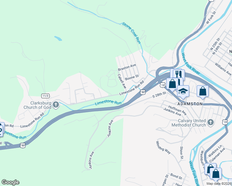 map of restaurants, bars, coffee shops, grocery stores, and more near 374 Limestone Road in Clarksburg