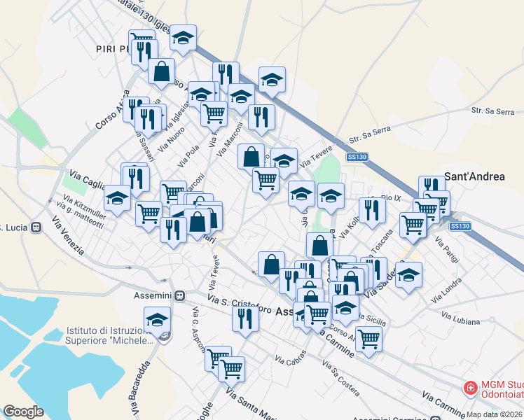 map of restaurants, bars, coffee shops, grocery stores, and more near 52B Via Po in Assemini