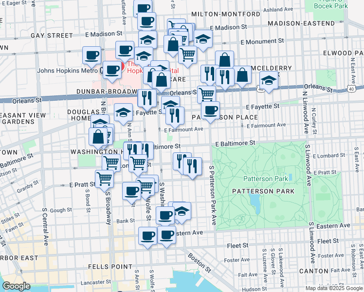 map of restaurants, bars, coffee shops, grocery stores, and more near 2102 East Baltimore Street in Baltimore
