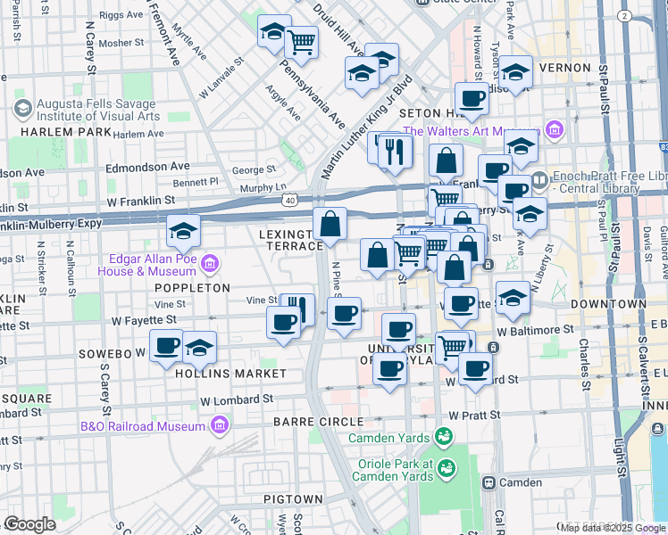 map of restaurants, bars, coffee shops, grocery stores, and more near 214 North Pine Street in Baltimore