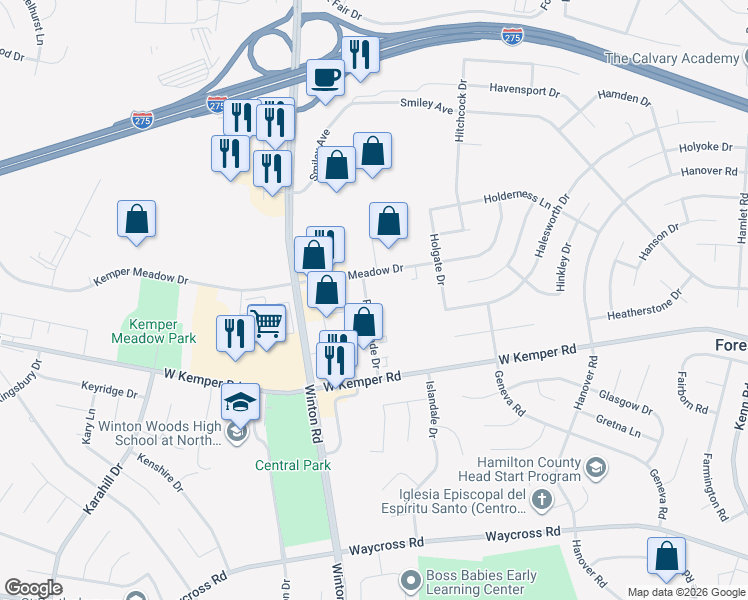 map of restaurants, bars, coffee shops, grocery stores, and more near 1075 Kemper Meadow Drive in Cincinnati
