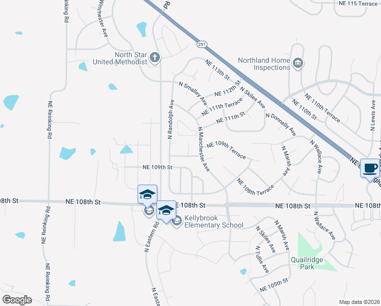 map of restaurants, bars, coffee shops, grocery stores, and more near 7516 Northeast 109th Terrace in Kansas City
