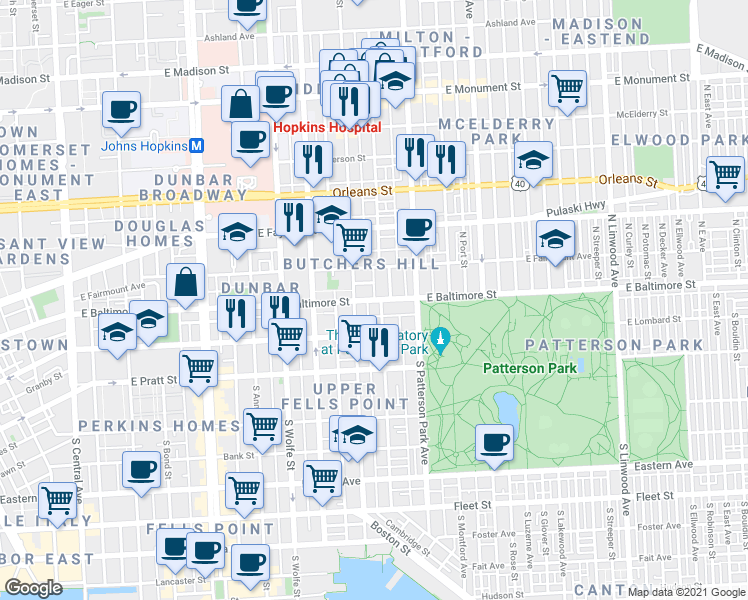 map of restaurants, bars, coffee shops, grocery stores, and more near East Baltimore Street & North Duncan Street in Baltimore