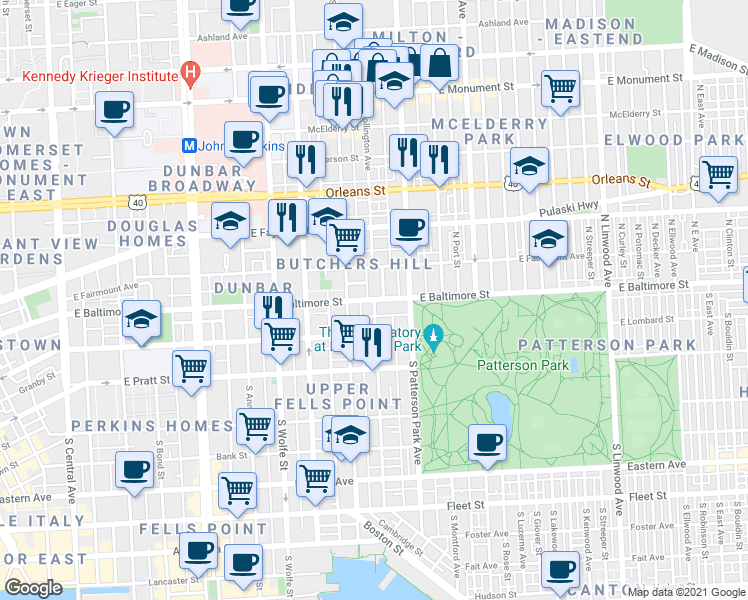 map of restaurants, bars, coffee shops, grocery stores, and more near E Baltimore St & S Collington Ave in Baltimore
