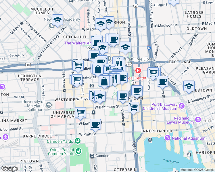 map of restaurants, bars, coffee shops, grocery stores, and more near 202 North Liberty Street in Baltimore